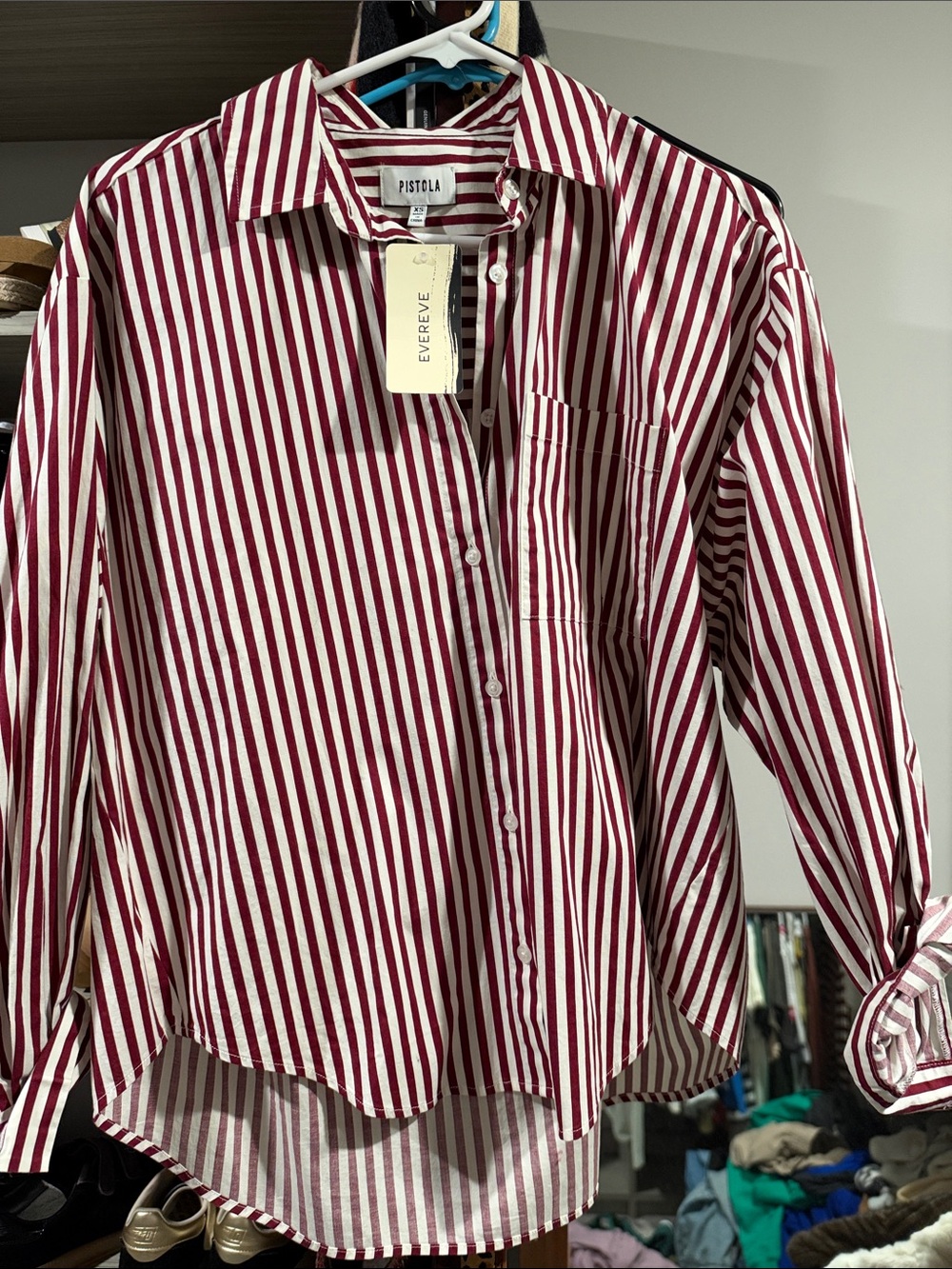 Pistola Women’s Burgundy and White Striped Button-Down Shirt